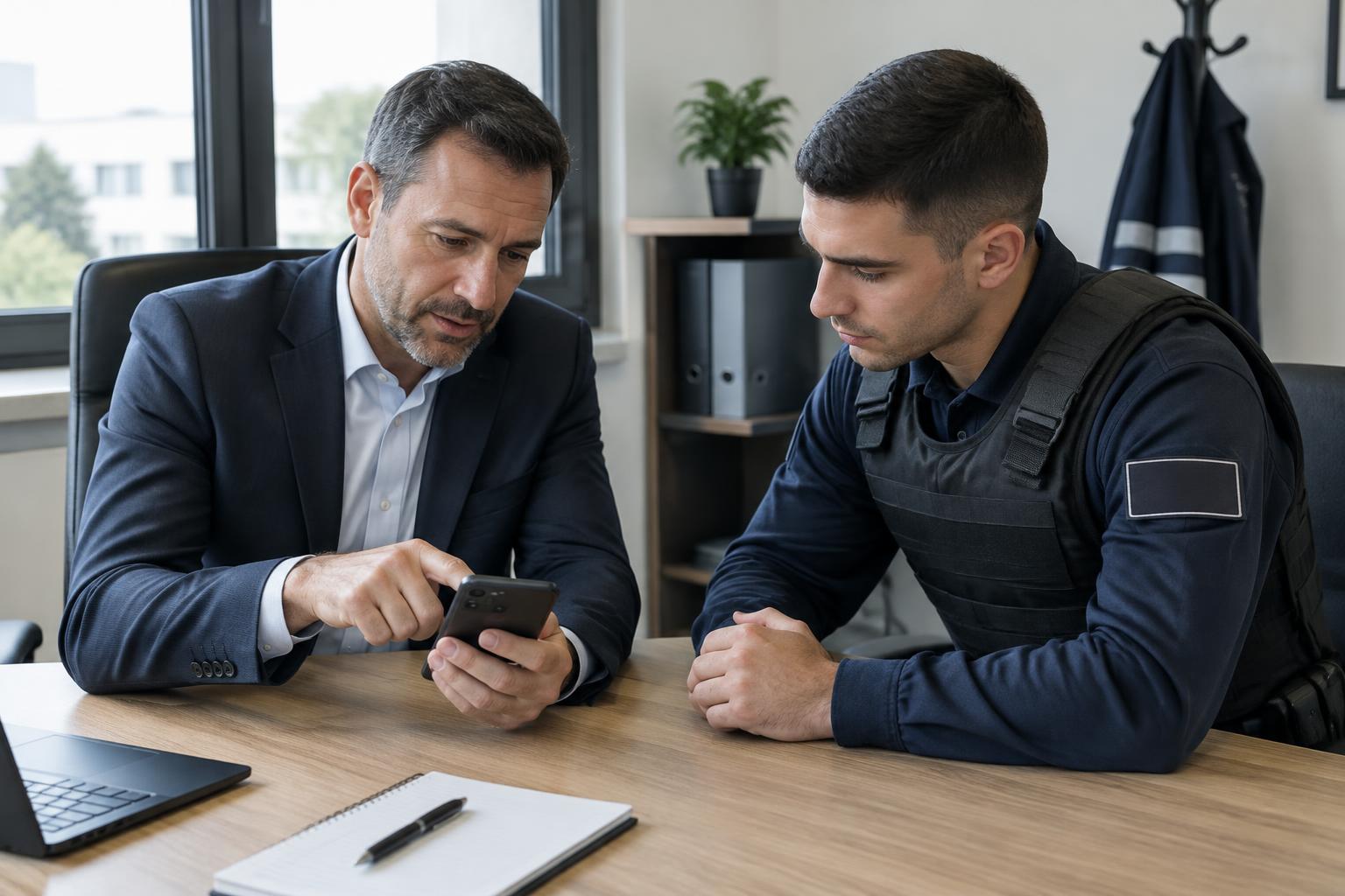 Responsable d'agence et agent de sécurité consultant un profil sur smartphone, illustration générée.