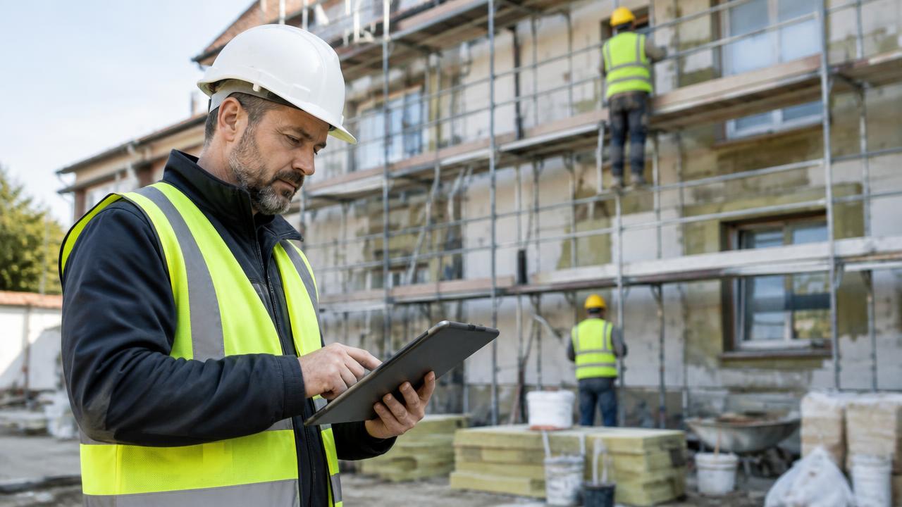 Chef de chantier consultant un planning sur tablette devant une façade en rénovation, illustration générée.