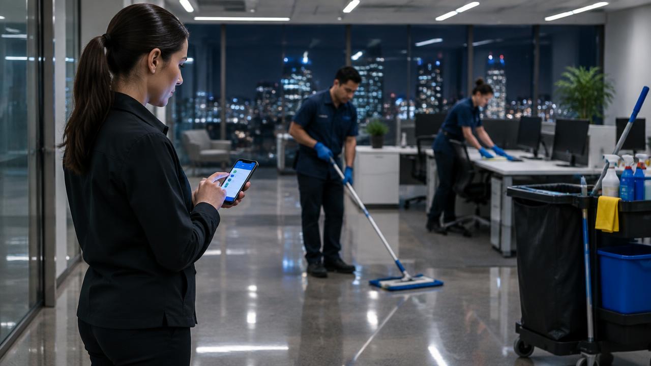 Responsable de nettoyage consultant une application mobile pendant une prestation de nuit dans des bureaux, illustration générée.