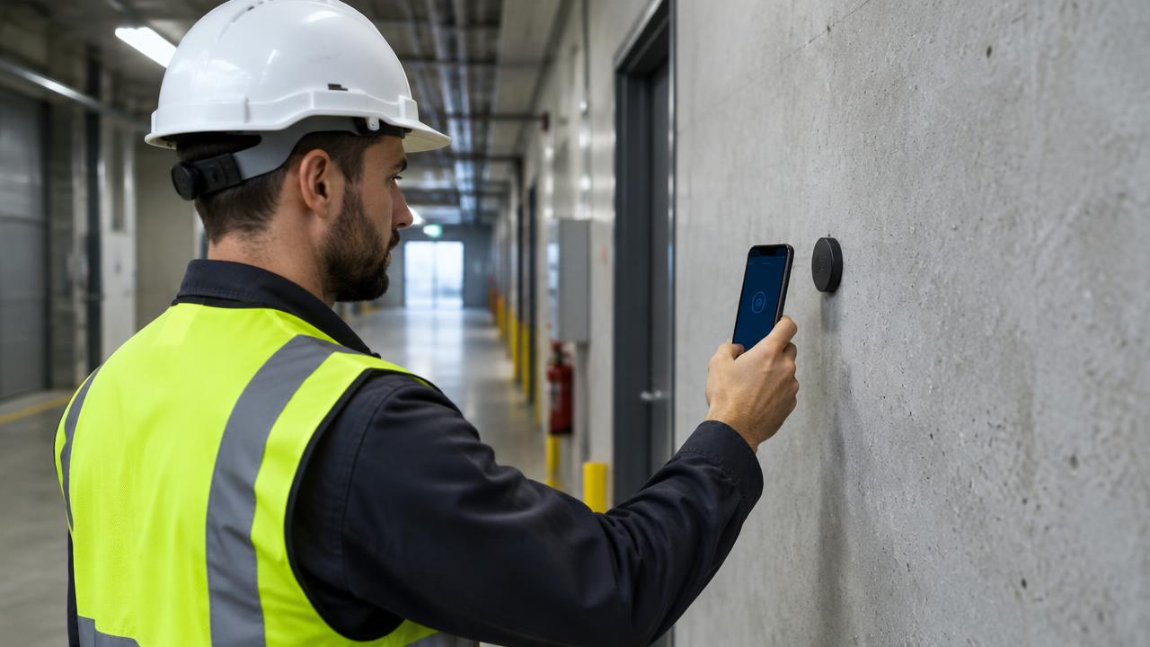 Technicien scannant un point de contrôle NFC avec un smartphone, illustration générée.