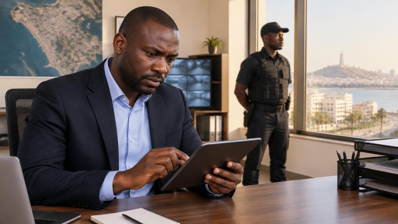 Responsable d'agence de sécurité consultant un planning sur tablette dans un bureau en Afrique de l'Ouest, illustration générée.