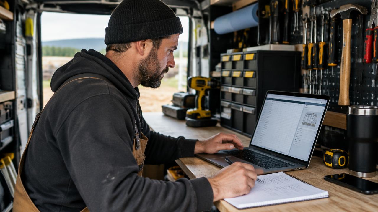 Artisan préparant un devis sur ordinateur portable dans son utilitaire, illustration générée.