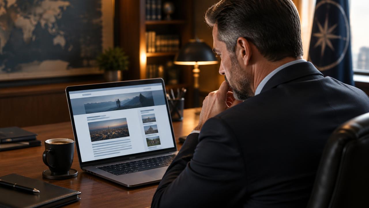 Dirigeant d'agence lisant un article de blog sur ordinateur, illustration générée.