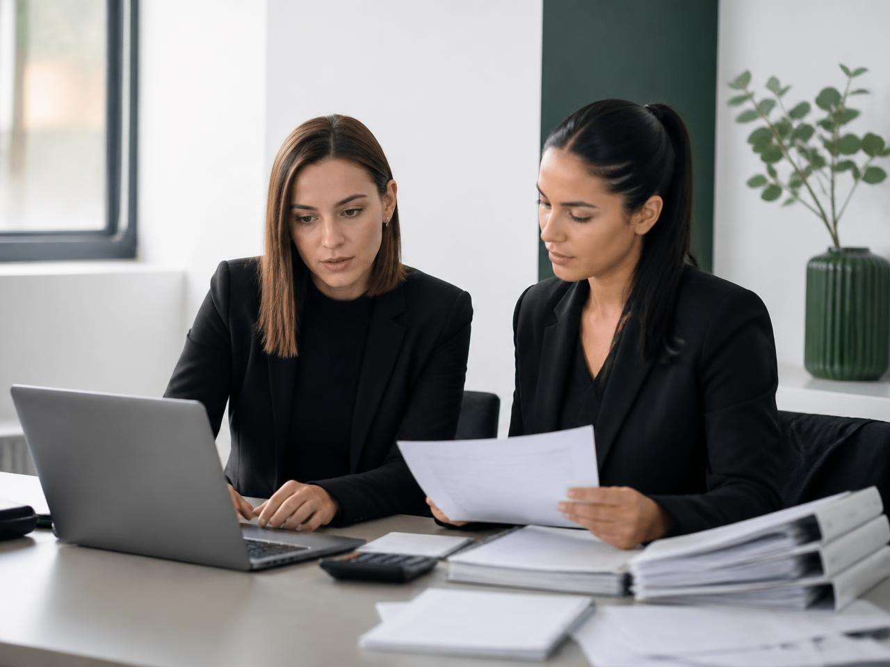 Deux collaboratrices d'une agence de sécurité traitant factures et éléments de paie sur un ordinateur portable