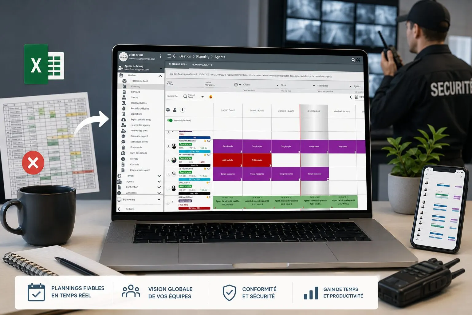 Illustration de l'article « Ne plus utiliser Excel pour gérer ses plannings en Sécurité Privée » — SEKUR, logiciel de sécurité privée