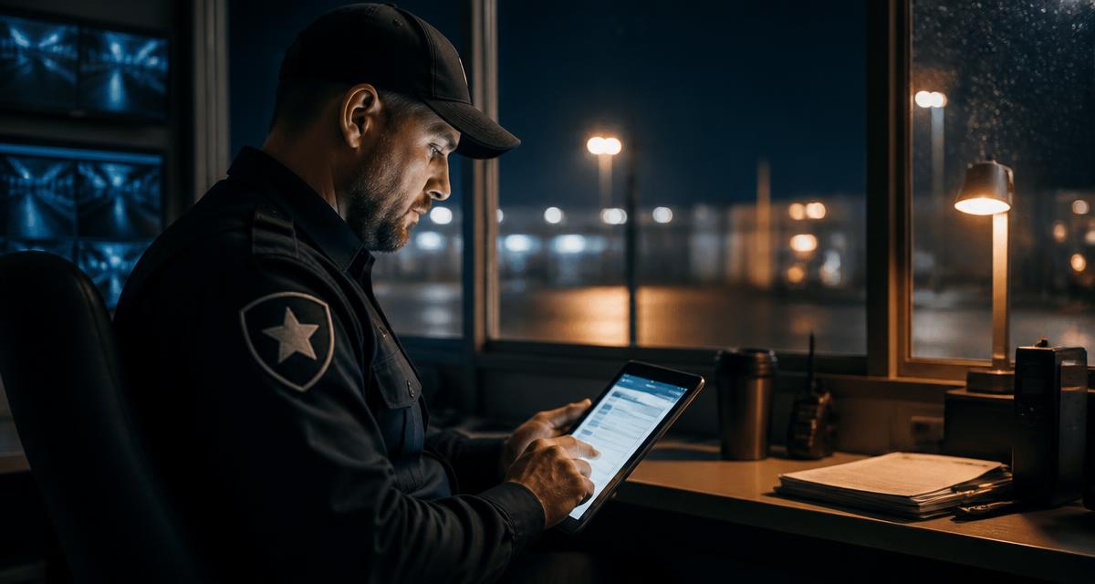 Agent de sécurité consignant un événement sur son téléphone (visuel d'habillage).